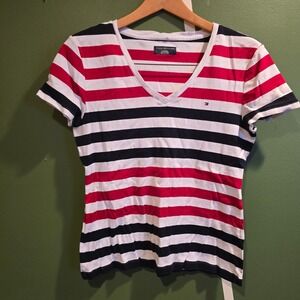 Tommy Hilfiger Red White Blue Striped V Neck Tee Shirt Womens XL